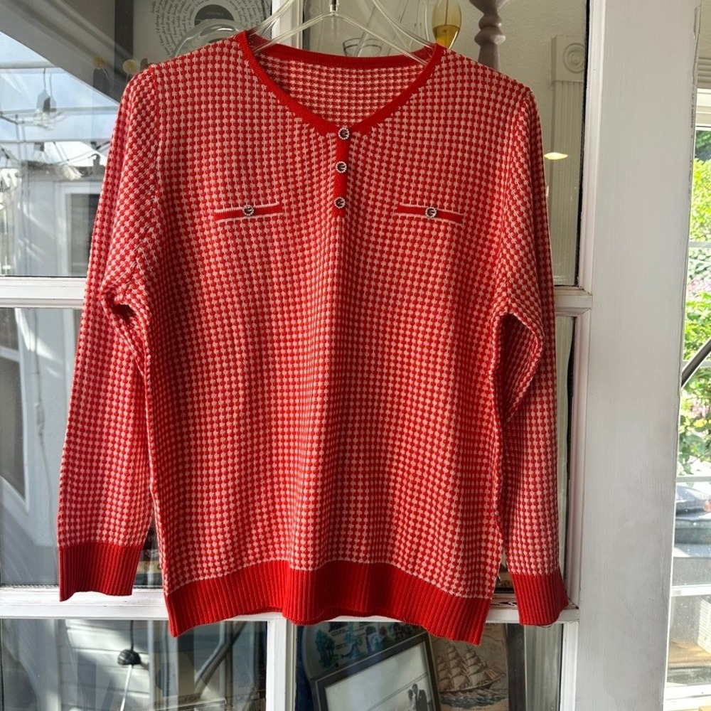 Red Houndstooth Knit Top Rhinestone Button Long Sleeve‎ Sweater Pullover